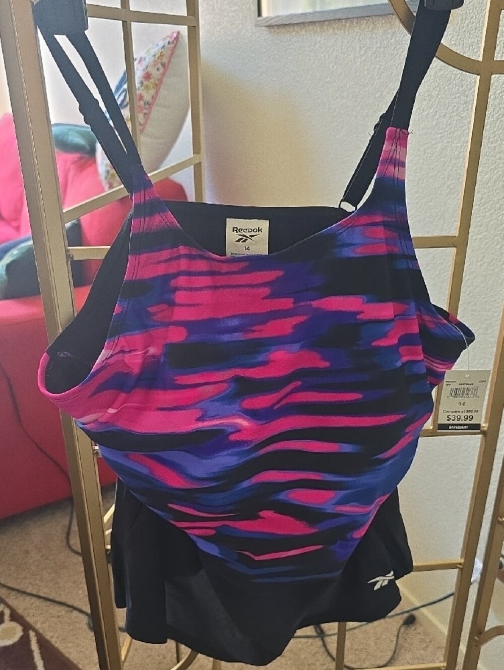 Reebok tankini swim top NWT pink & blue neon accents- Size 14